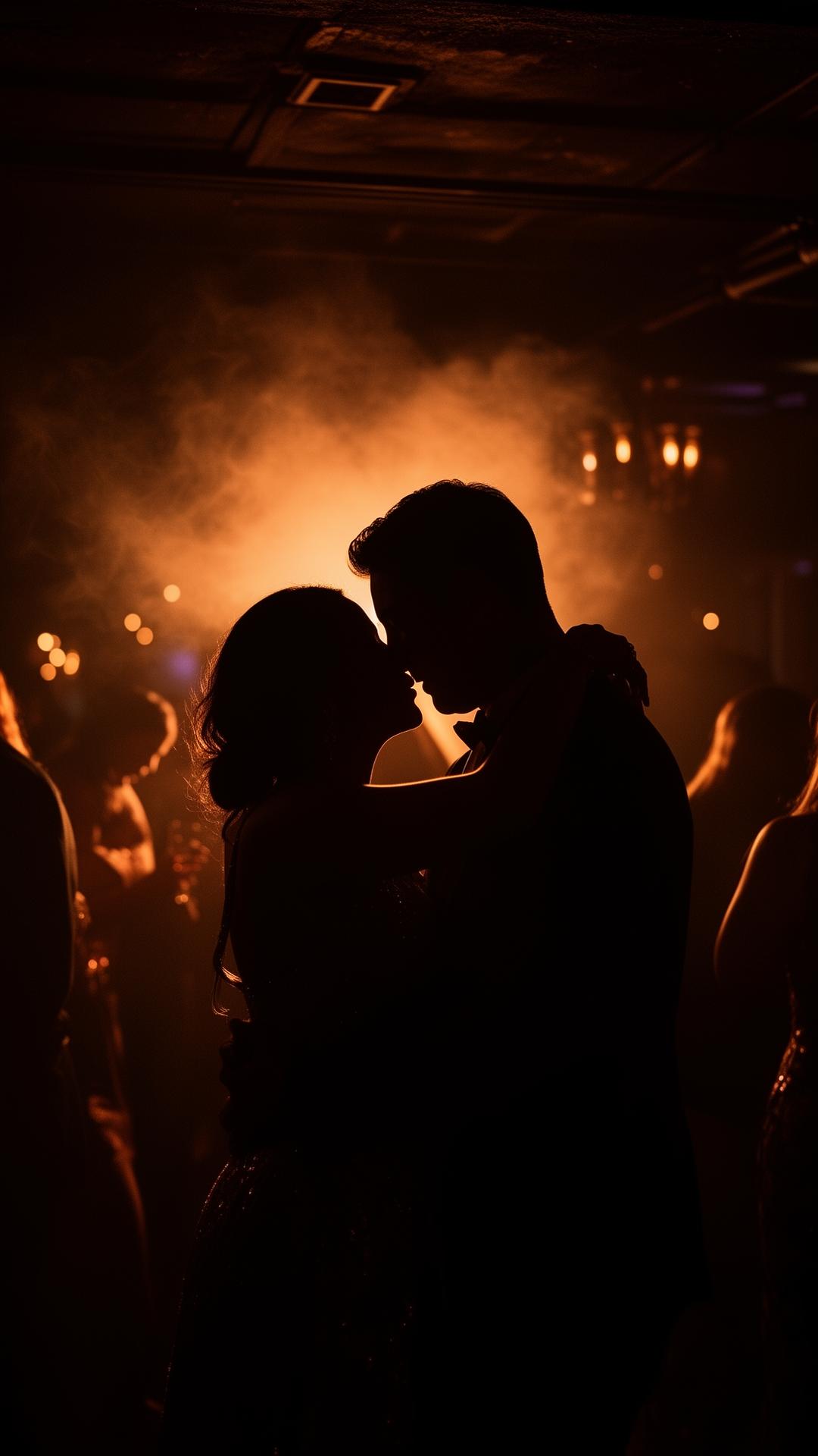 Two dancers in silhouette against warm amber smoke