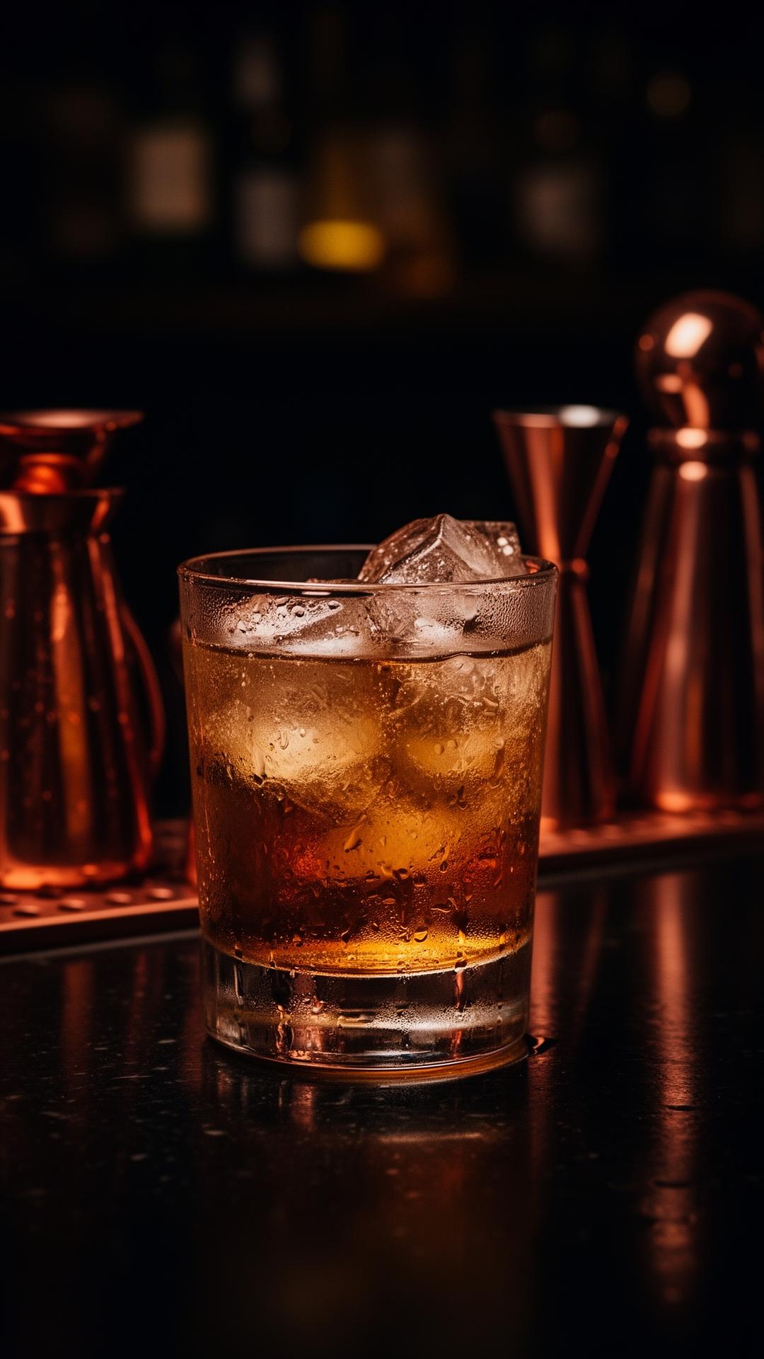 A rum cocktail glowing on a dark bar