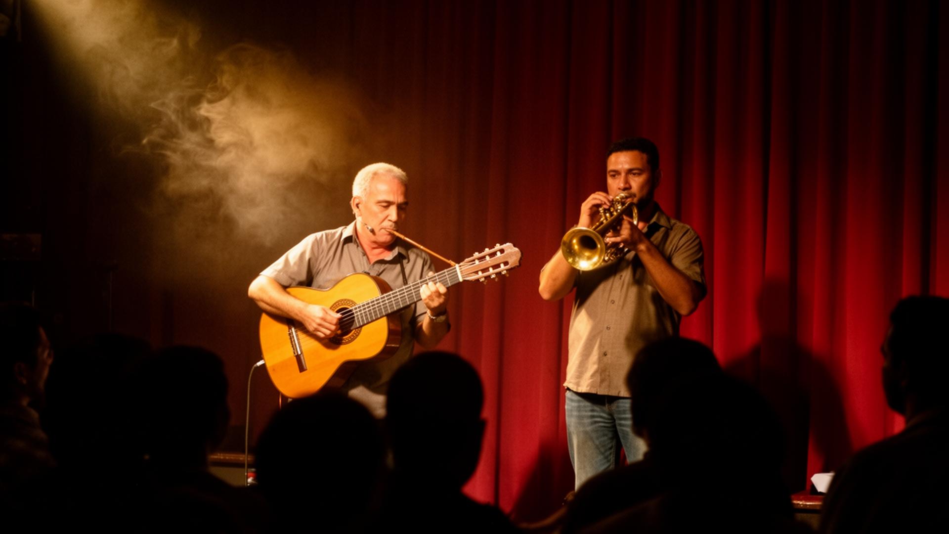 Cuban guitarist and trumpet player on an intimate stage