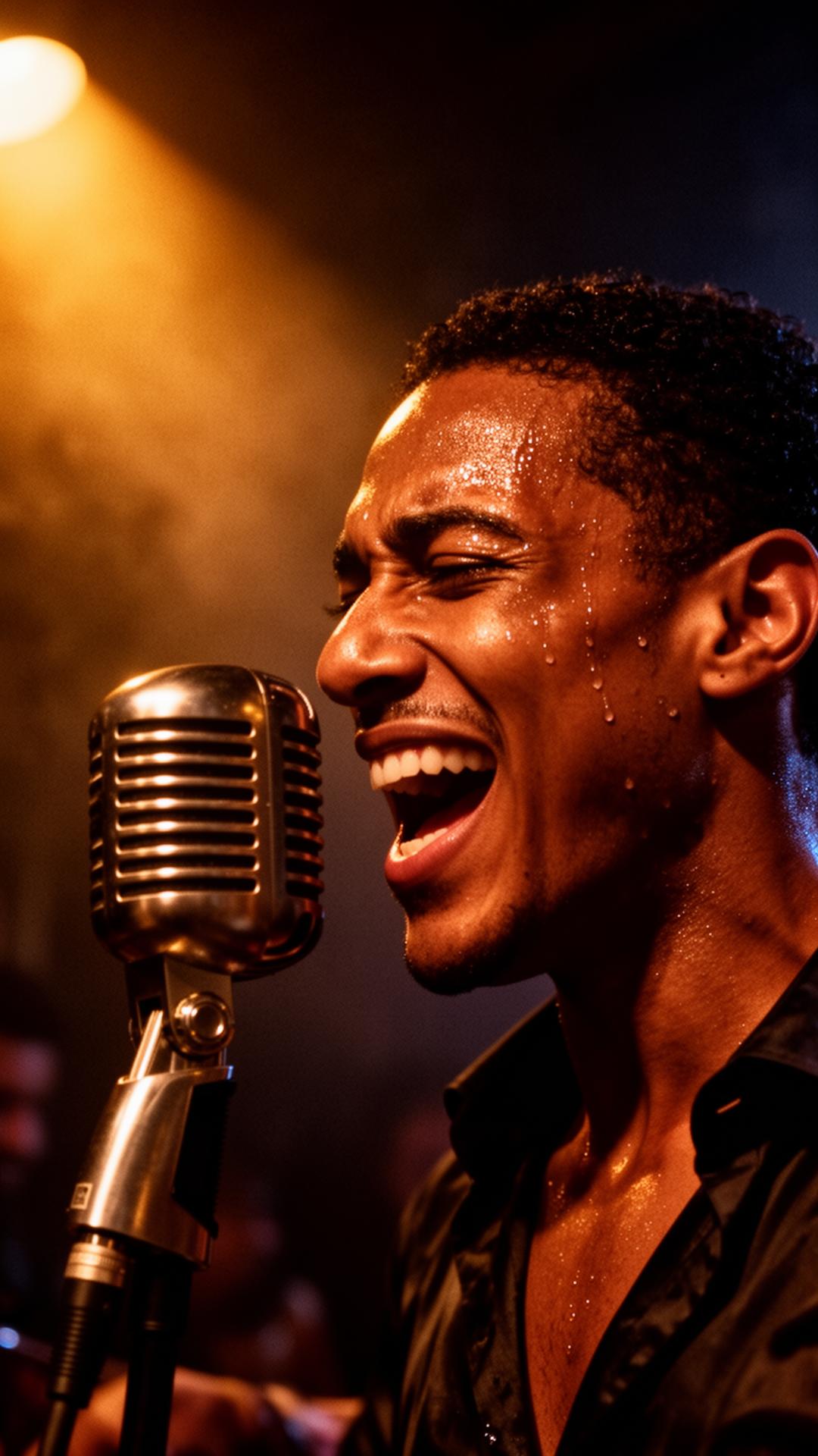 Manolín singing into a vintage microphone under warm amber light